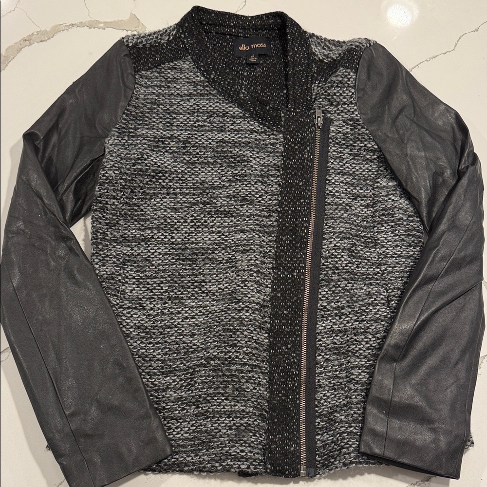 Ella Moss Black and Gray Knit Jacket with Leather Sleeves